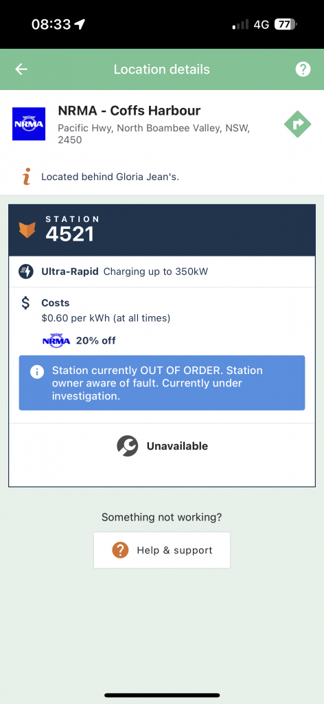 A screenshot of the Chargefox app, opened to the charging station information for "NRMA - Coffs Harbour". A notice reads: "Station currently OUT OF ORDER. Station owner aware of fault. Currently under investigation."