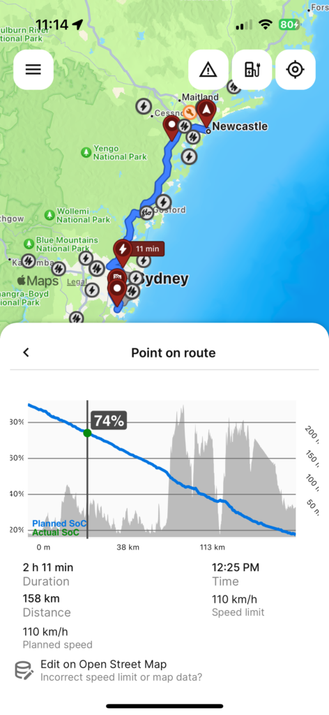 Screenshot of ABRP app with a graph indicating expected battery charge level and altitude along a planned route from Newcastle to Sydney.