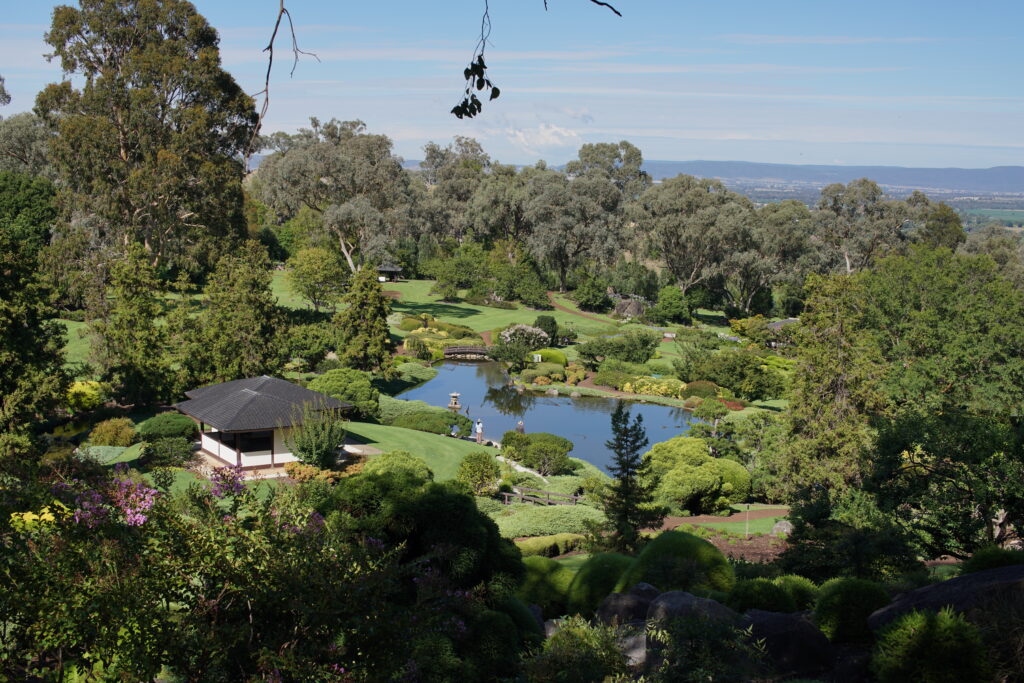 A wide shot of the Cowra Japanese Garden from a hill.