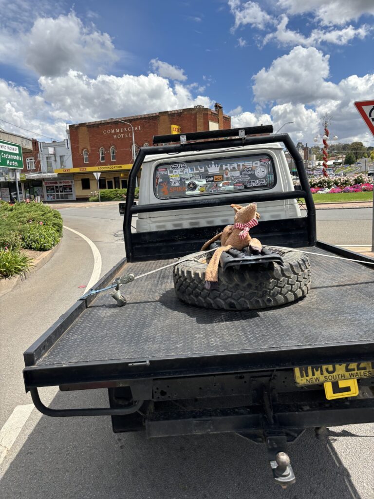 A stuffed reindeer toy strapped to a tyre on the back of a utility truck.