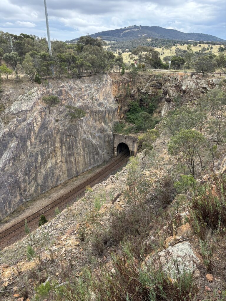 A deep rock cutting, with a single rail track running alongside, leading from a tunnel. Over the tunnel is another track running perpendicular to the lower track.