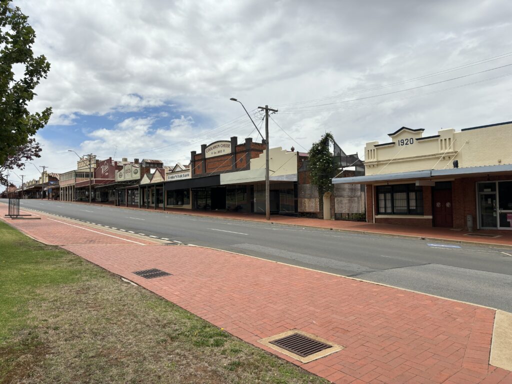 A quiet main road lined by shops.