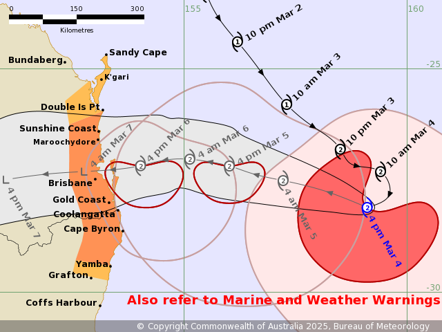 Forecast map of the path of Tropical Cyclone Alfred, generated by the Bureau of Meteorology at 4:43pm AEST, Tuesday 4 March 2025.

The forecast path of the cyclone tracks southwest parallel to the Queensland coast until 4pm March 4, after which it makes a sharp westward turn towards Brisbane, crossing the coast at approximately 4am March 7.